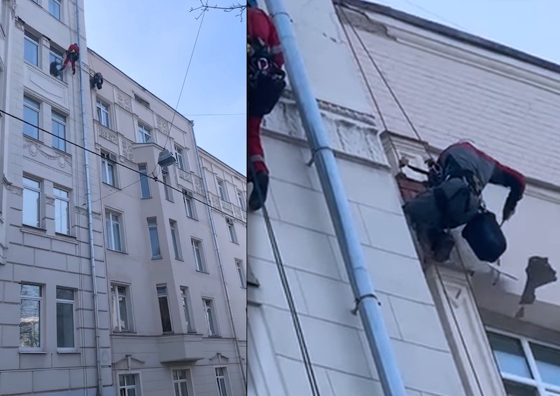 В центре Москвы куски лепнины с фасада здания летят прямо на тротуар 